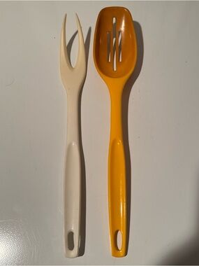Vintage Foley Nylon Cooking Utensils Solid Serving Spoon Yellow & Meat Fork
